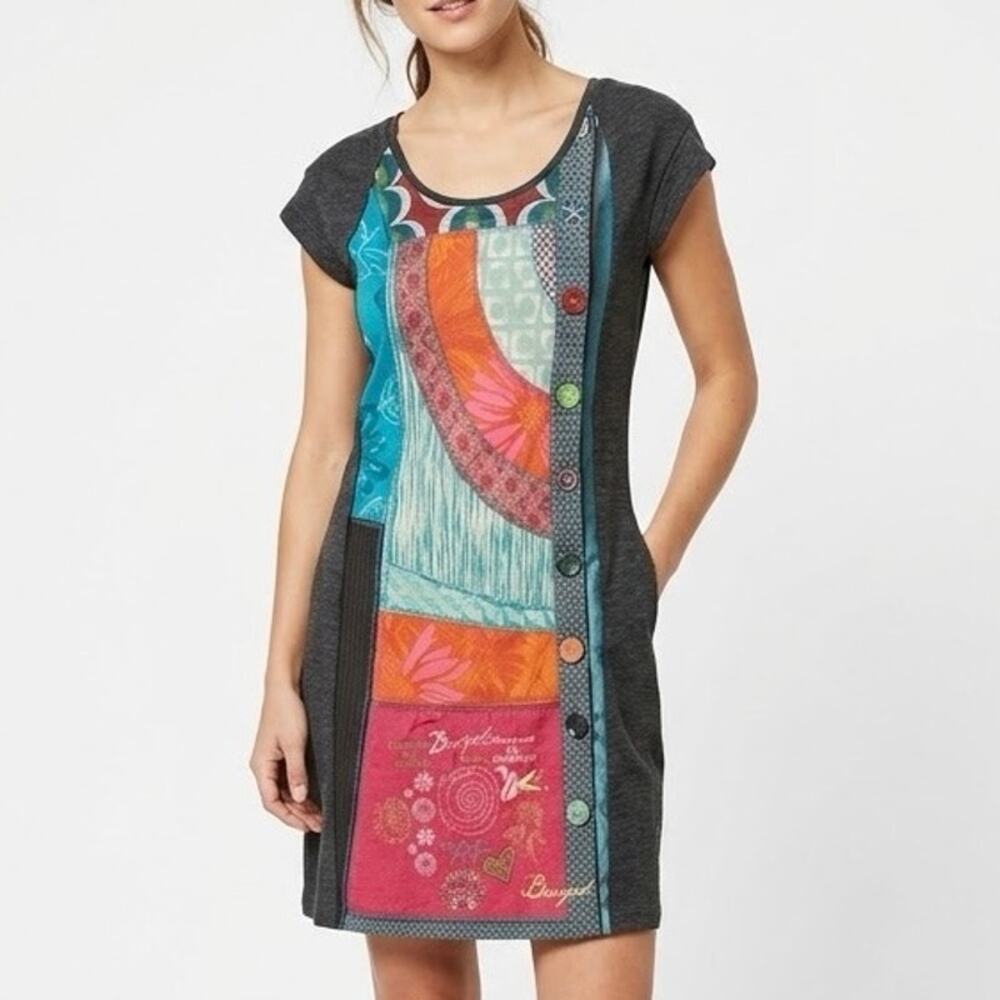 Desigual Patchwork Jersey Dress Boho Art To Wear Embroidery Vestido Noa Size S